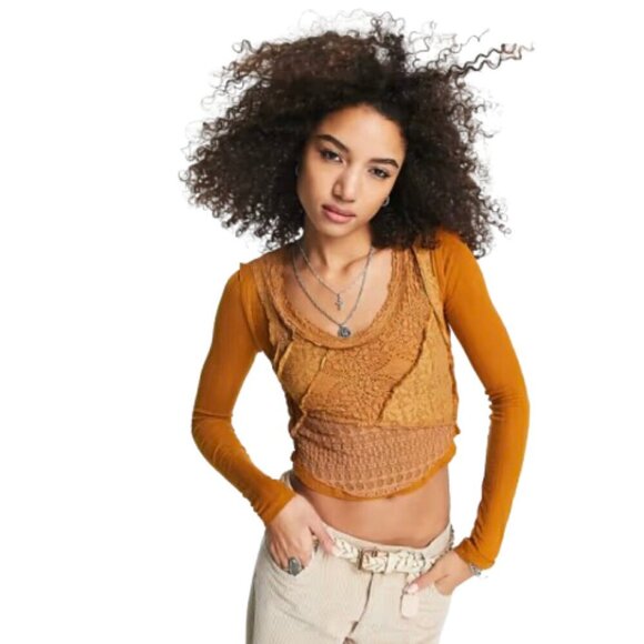 Free People Taylor patchwork fabric Boho top Womens Large in rust Cathay Spice - Picture 1 of 11
